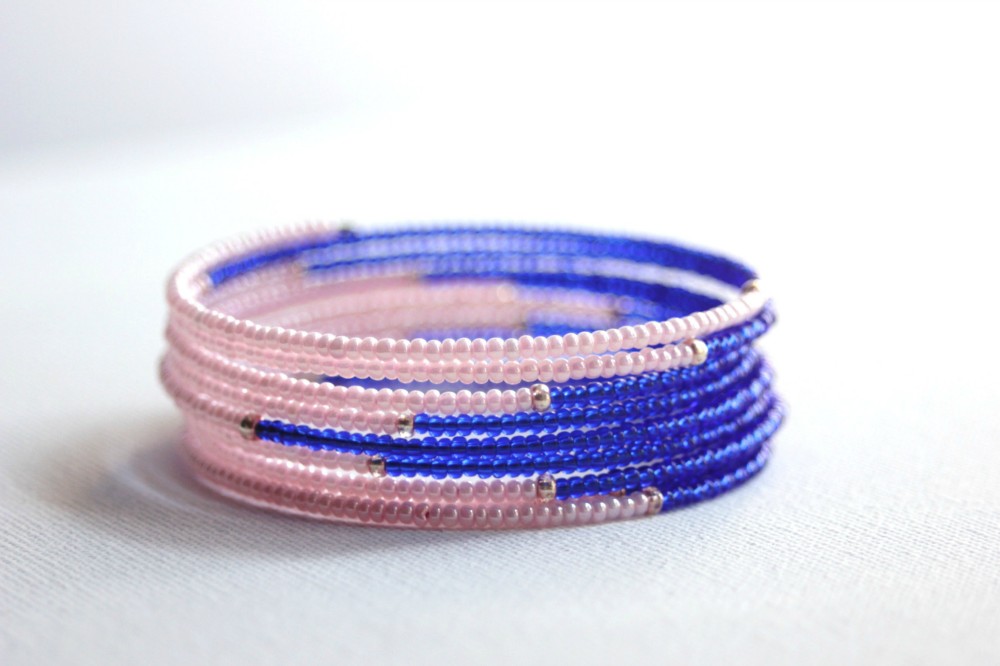 Bracelet manchette rocaille bleu roi & rose pastel