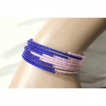 Bracelet manchette rocaille bleu roi & rose pastel