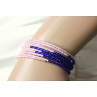 Bracelet manchette rocaille bleu roi & rose pastel