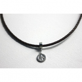 Collier cuir marron et acier pendentif peace & love