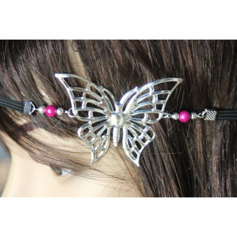 Headband papillon argenté et perles magiques rose 