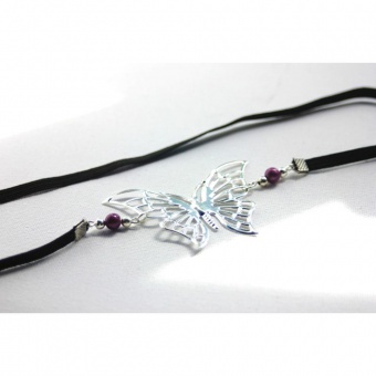 Headband papillon argenté et perles magiques prune