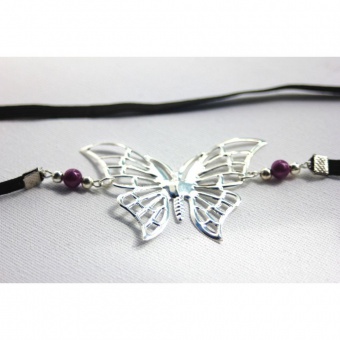 Headband papillon argenté et perles magiques prune