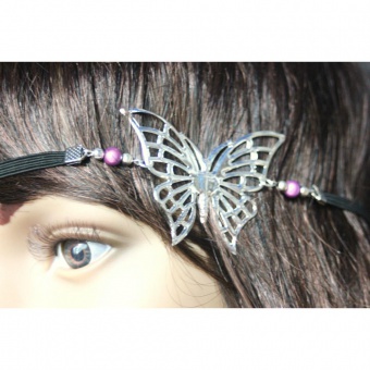 Headband papillon argenté et perles magiques prune