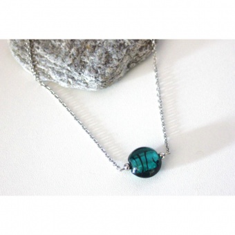 Collier acier perle artisanale en verre turquoise