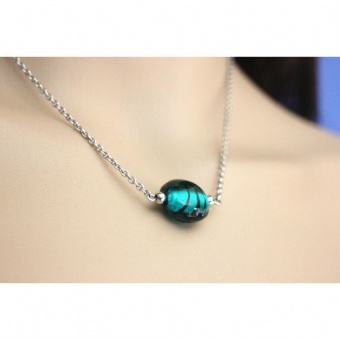 Collier acier perle artisanale en verre turquoise