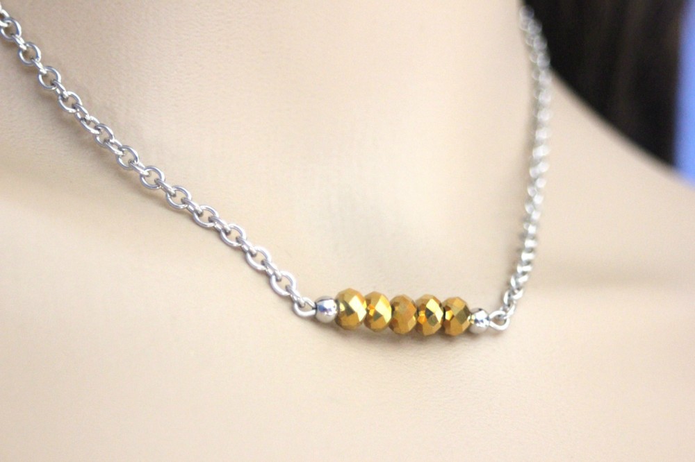 Collier Perles De Verre Facettées – Bleu Acier Et Incolore – 58 Cm – Neuf