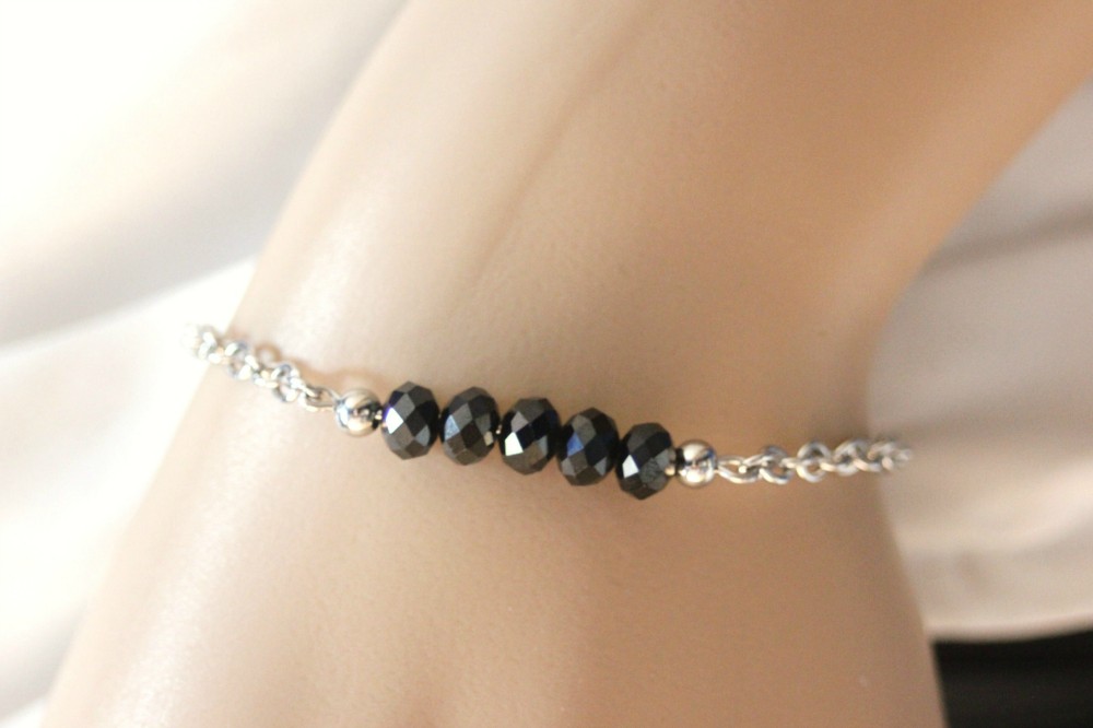 Bracelet Vintage Métal Et Perles Noires - Bijou Fantaisie Ancien - Occasion