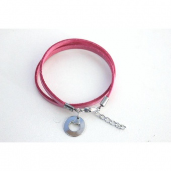 Bracelet en cuir rose et breloque rondelle acier
