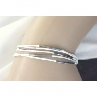 Bracelet cuir blanc perles tube gunmétal et acier