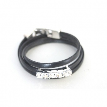 Bracelet manchette en cuir 3 tours noir et strass 