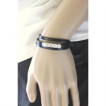 Bracelet manchette en cuir 3 tours noir et strass 