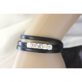 Bracelet manchette en cuir 3 tours noir et strass 