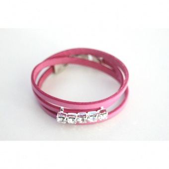 Bracelet manchette en cuir 3 tours rose et strass 