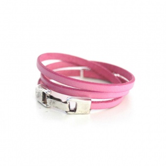 Bracelet manchette en cuir 3 tours rose et strass 