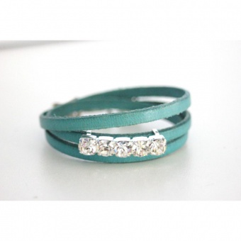 Bracelet en cuir 3 tours turquoise et strass 