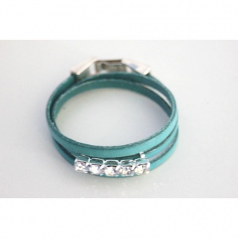 Bracelet en cuir 3 tours turquoise et strass 