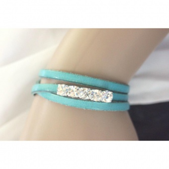 Bracelet en cuir 3 tours turquoise et strass 