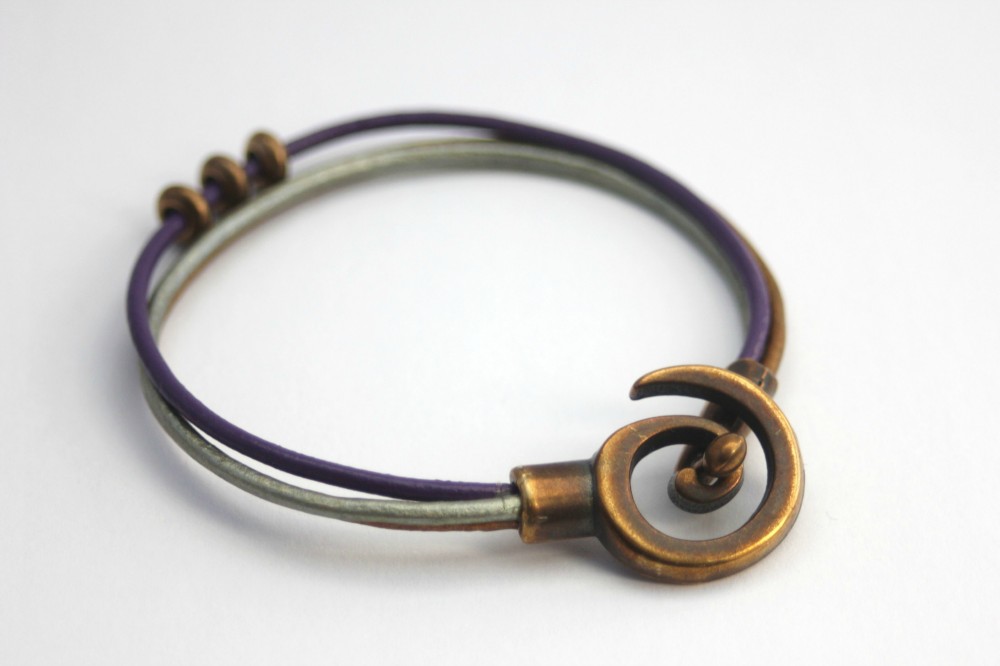 Bracelet cuir bronze violet argent fermoir spirale
