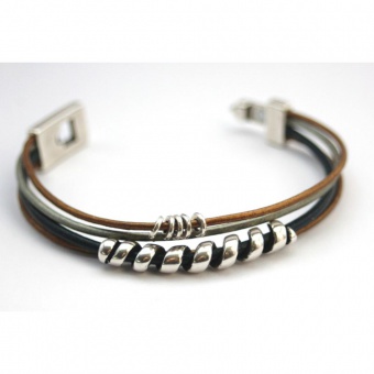 Bracelet cuir bleu argent bronze et spirale métal
