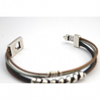 Bracelet cuir bleu argent bronze et spirale métal