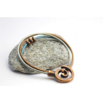 Bracelet cuir bronze bleu argent fermoir spirale