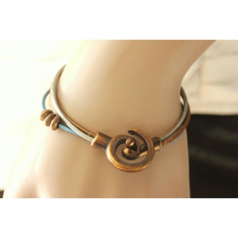 Bracelet cuir bronze bleu argent fermoir spirale