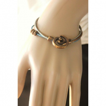 Bracelet cuir bronze bleu argent fermoir spirale