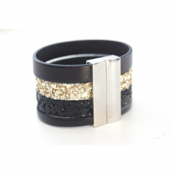 Bracelet manchette cuir noir et paillettes dorées