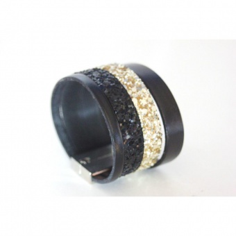 Bracelet manchette cuir noir et paillettes dorées