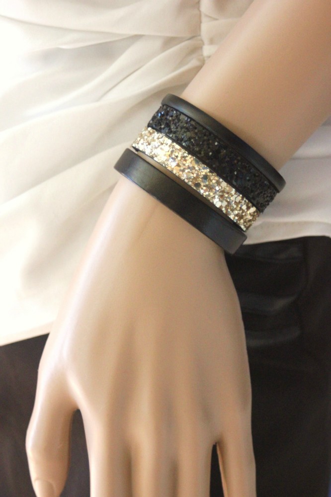 Bracelet fille ado en cuir manchette avec strass et paillette