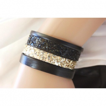 Bracelet manchette cuir noir et paillettes dorées