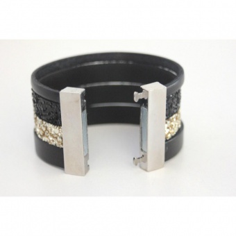 Bracelet manchette cuir noir et paillettes dorées