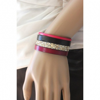 Bracelet manchette en cuir noir prune et doré