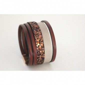 Bracelet manchette cuir marron beige et paillettes