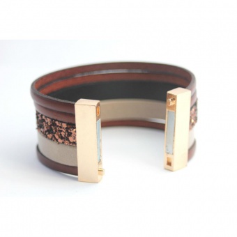 Bracelet manchette cuir marron beige et paillettes