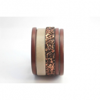 Bracelet manchette cuir marron beige et paillettes