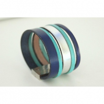Bracelet manchette cuir bleu, turquoise et argent