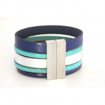 Bracelet manchette cuir bleu, turquoise et argent