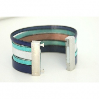 Bracelet manchette cuir bleu, turquoise et argent