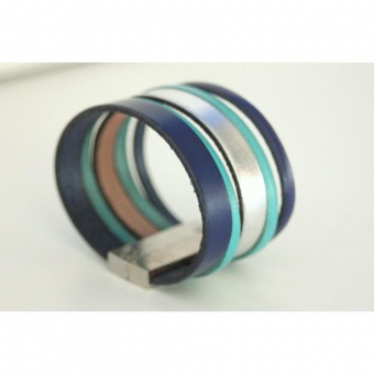 Bracelet manchette cuir bleu, turquoise et argent