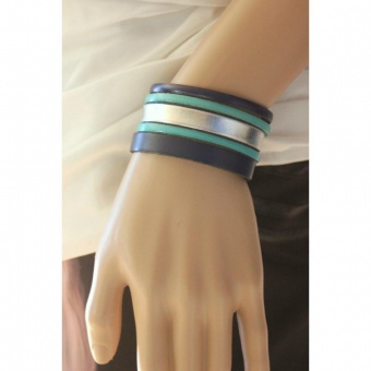 Bracelet manchette cuir bleu, turquoise et argent