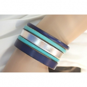 Bracelet manchette cuir bleu, turquoise et argent