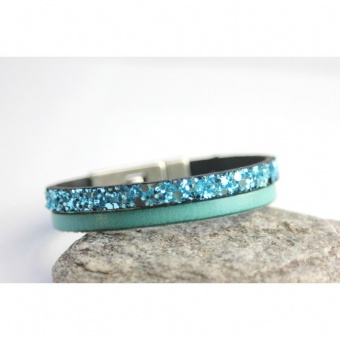 Bracelet en cuir & paillettes bleu turquoise