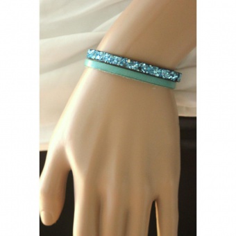 Bracelet en cuir & paillettes bleu turquoise