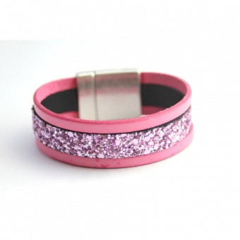 Bracelet manchette en cuir et paillettes rose 