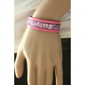 Bracelet manchette en cuir et paillettes rose 