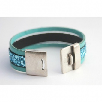 Bracelet manchette en cuir & paillettes turquoise 