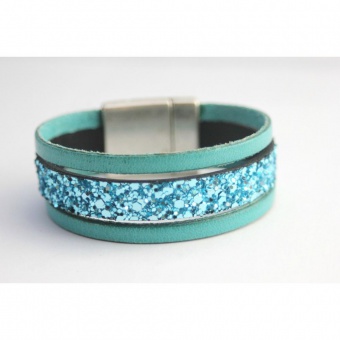 Bracelet manchette en cuir & paillettes turquoise 