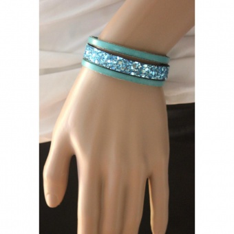 Bracelet manchette en cuir & paillettes turquoise 